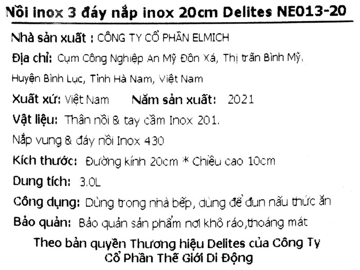Nồi inox 3 đáy nắp inox 20 cm Delites NE013-20 Màu Inox