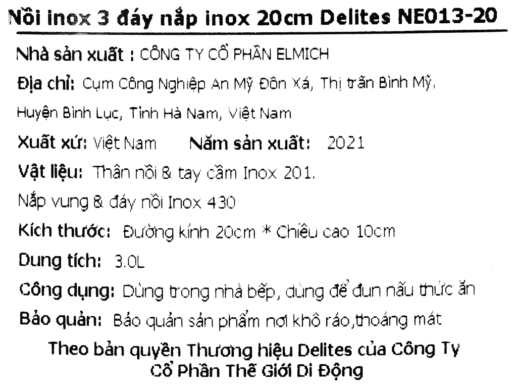 Nồi inox 3 đáy nắp inox 20 cm Delites NE013-20