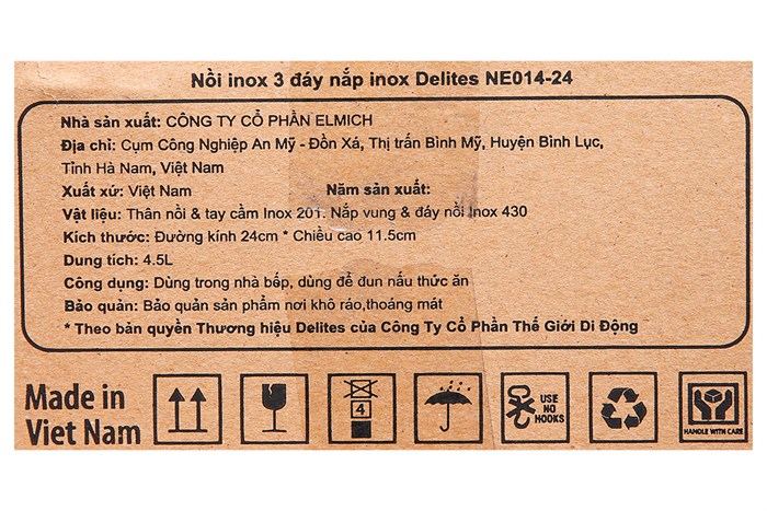 Nồi inox 3 đáy nắp inox 24 cm Delites NE014-24 Màu Inox