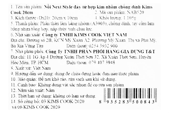 Nồi nhôm nắp kính 20 cm Kims Cook NAB520 Màu Đen