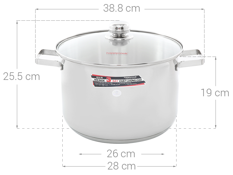 Nồi inox 3 đáy nắp kiếng 28 cm Happycook NC-28G