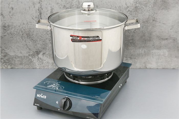 Nồi inox 3 đáy nắp kính 30 cm Happycook NC-30G Màu Inox