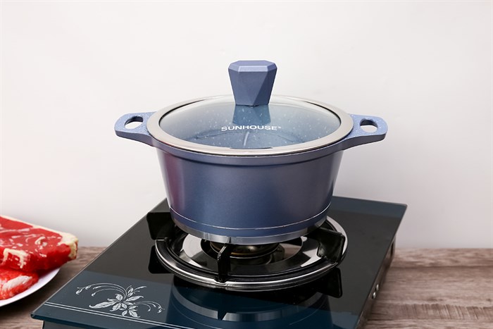 Nồi nhôm chống dính nắp kính 20 cm Sunhouse SHG2020MMA Màu Xanh