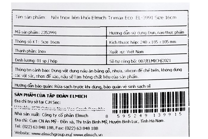 Nồi inox 3 đáy nắp kính 16 cm Elmich Trimax Eco EL-3991 Màu Inox