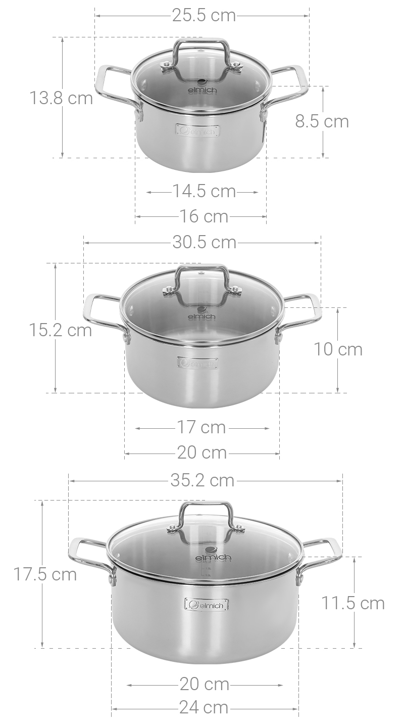 Bộ 3 nồi inox 3 lớp nguyên khối nắp kính Elmich Trimax XR EL-3843