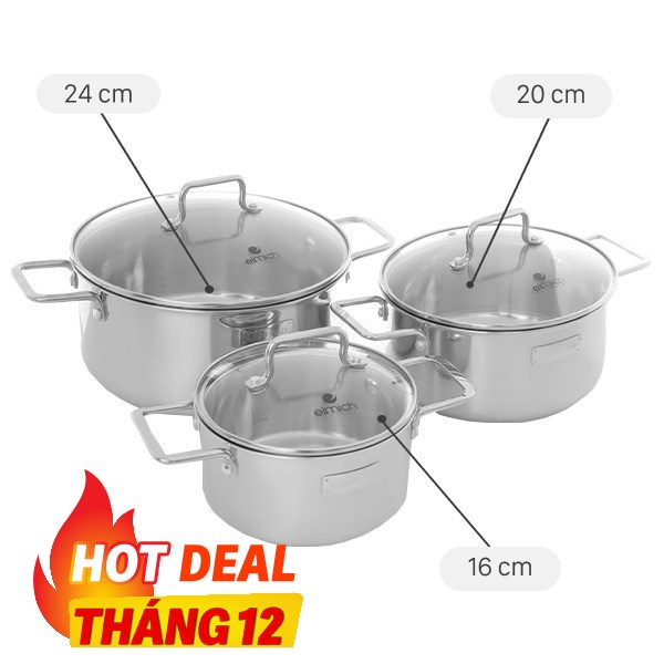 Bộ 3 nồi inox 3 lớp nguyên khối Elmich Trimax XR EL-3843