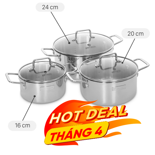 Bộ 3 nồi inox 3 lớp nguyên khối Elmich Trimax XR EL-3843