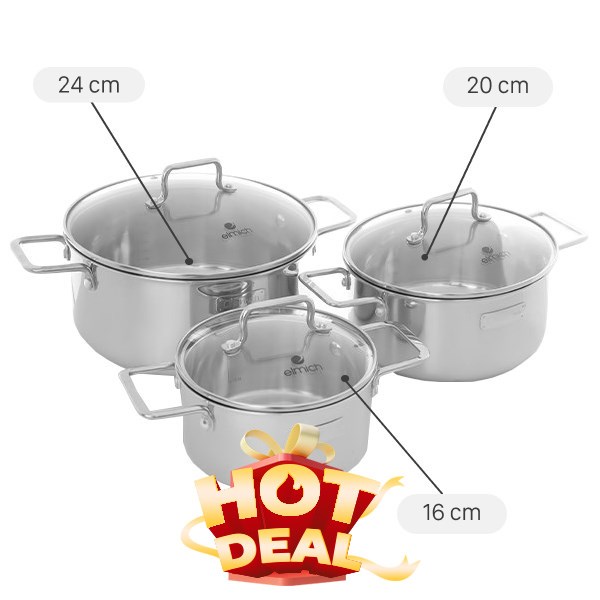 Bộ 3 nồi inox 3 lớp nguyên khối Elmich Trimax XR EL-3843