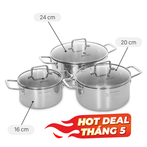 Bộ 3 nồi inox 3 lớp nguyên khối Elmich Trimax XR EL-3843