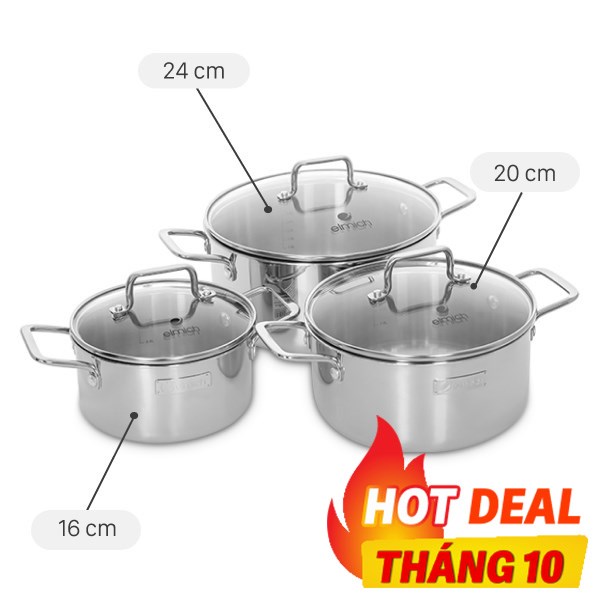 Bộ 3 nồi inox 3 lớp nguyên khối nắp kính Elmich Trimax XR EL-3843