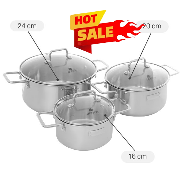 Bộ 3 nồi inox 3 lớp nguyên khối Elmich Trimax XR EL-3843
