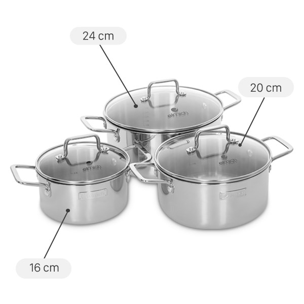 Bộ 3 nồi inox 3 lớp nguyên khối nắp kính Elmich Trimax XR EL-3843