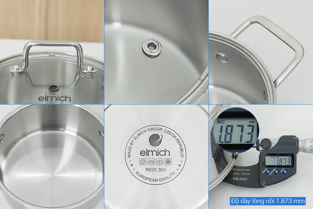Bộ 3 nồi inox 3 lớp nguyên khối nắp kính Elmich Trimax XR EL-3843 Màu Inox