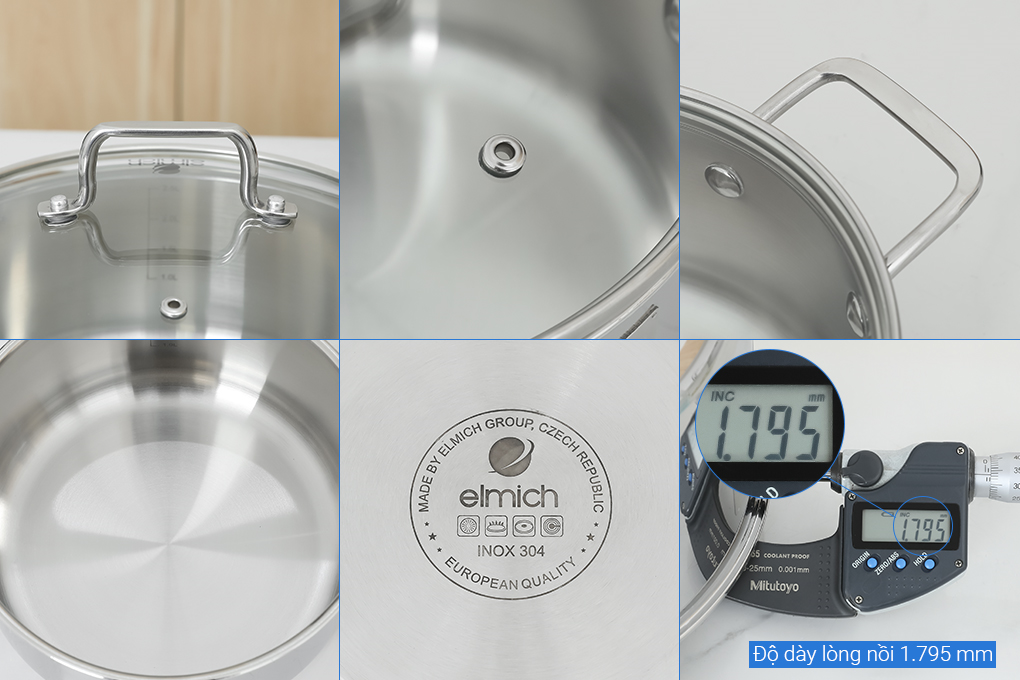 Bộ 3 nồi inox 3 lớp nguyên khối nắp kính Elmich Trimax XR EL-3843 Màu Inox