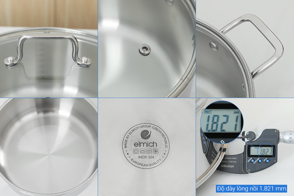 Bộ 3 nồi inox 3 lớp nguyên khối nắp kính Elmich Trimax XR EL-3843 Màu Inox