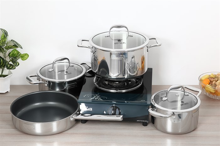Bộ 3 nồi 1 chảo inox 3 đáy Elmich Trimax XS EL-3744 Màu Inox