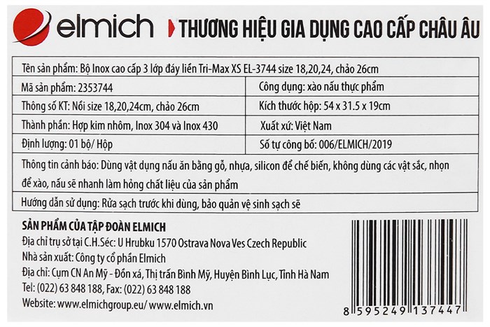 Bộ 3 nồi 1 chảo inox 3 đáy Elmich Trimax XS EL-3744 Màu Inox