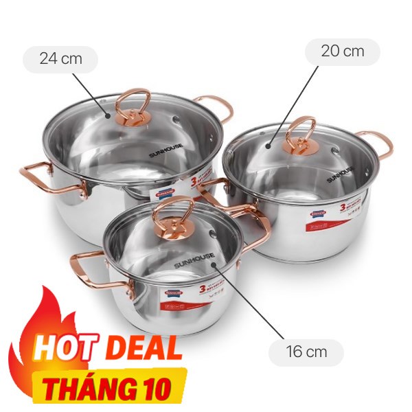 Bộ 3 nồi inox 3 đáy nắp kính Sunhouse SHG306