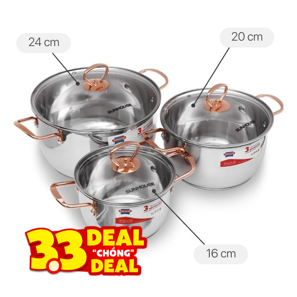 Bộ 3 nồi inox 3 đáy Sunhouse SHG306