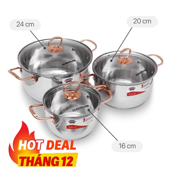 Bộ 3 nồi inox 3 đáy Sunhouse SHG306