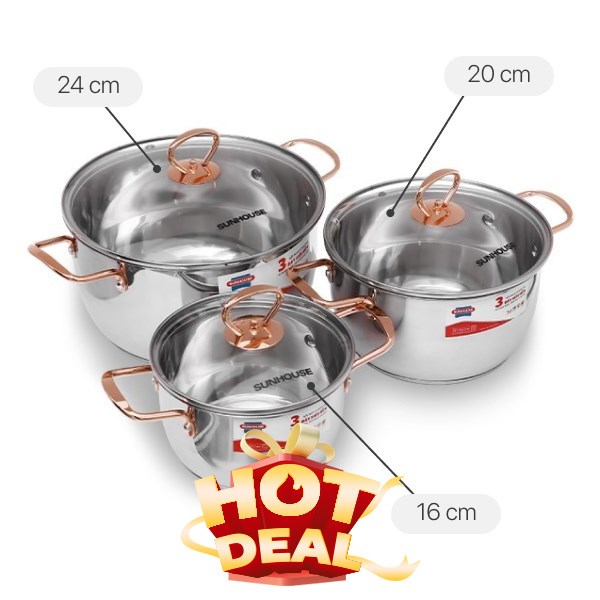 Bộ 3 nồi inox 3 đáy Sunhouse SHG306
