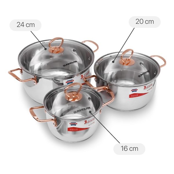 img Bộ 3 nồi inox 3 đáy nắp kính Sunhouse SHG306