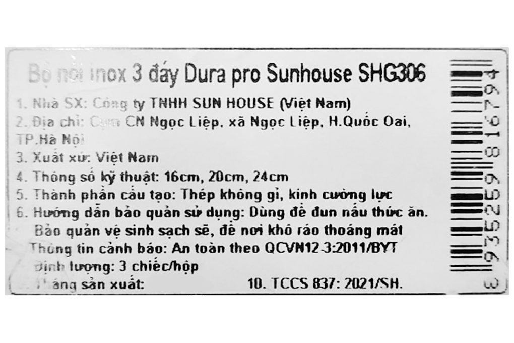 Bộ 3 nồi Inox 3 đáy nắp kính Sunhouse SHG306
