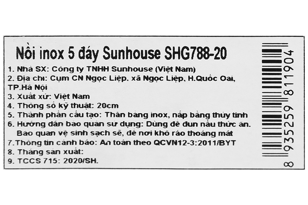 Nồi inox 5 đáy nắp kính 20 cm Sunhouse SHG788-20