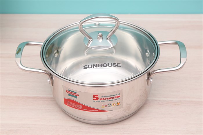 Nồi inox 5 đáy nắp kính 16 cm Sunhouse SHG788-16 Màu Bạc Inox