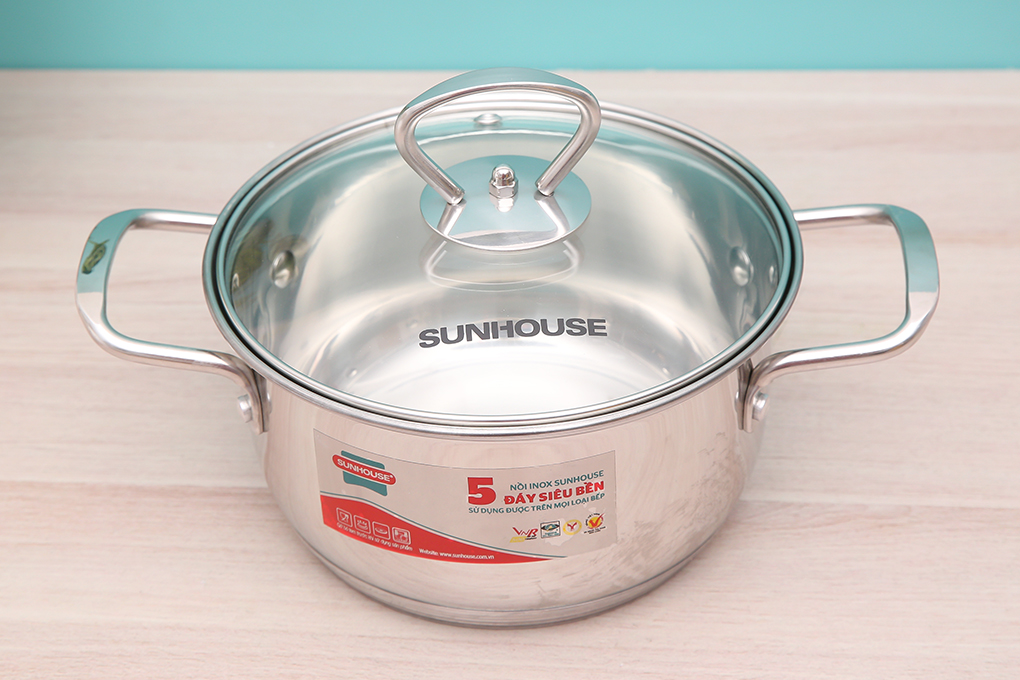 Nồi inox 5 đáy nắp kính 16 cm Sunhouse SHG788-16