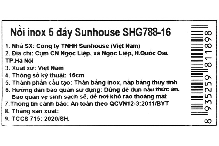 Nồi inox 5 đáy nắp kính 16 cm Sunhouse SHG788-16 Màu Bạc Inox