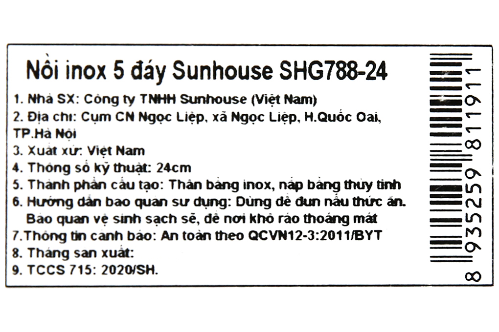 Nồi inox 5 đáy nắp kính 24 cm Sunhouse SHG788-24