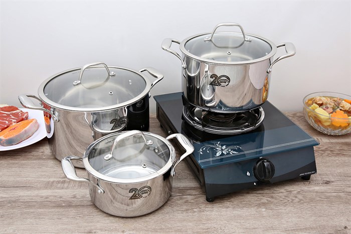 Bộ 3 nồi inox 3 đáy nắp kính Sunhouse Mama SHG2020 Màu Bạc Inox