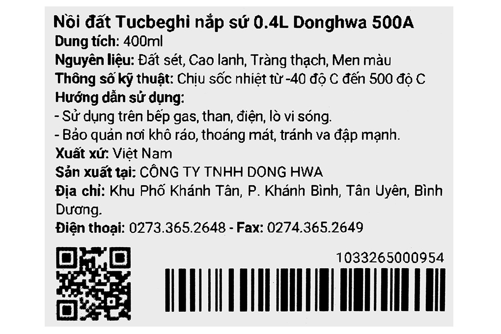 Nồi đất nắp sứ 12 cm Donghwa Tucbeghi 500A 0.4 lít