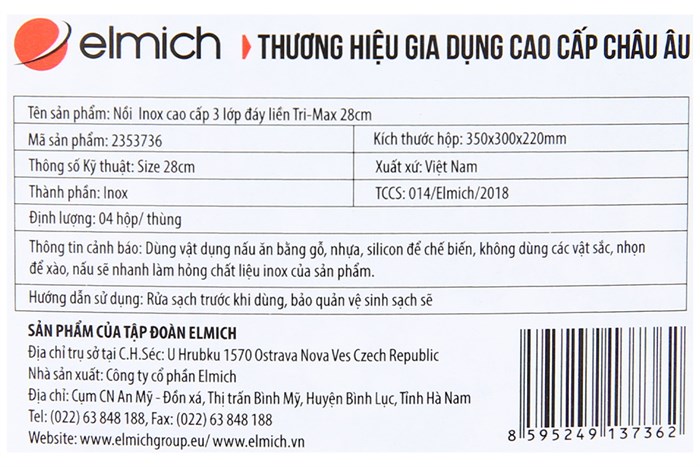 Nồi inox 3 đáy nắp kính 28 cm Elmich Tri-Max 2353736 Màu Bạc Inox