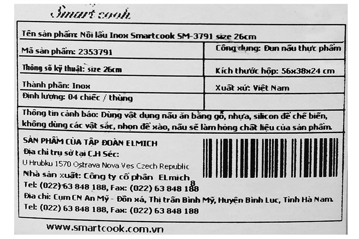 Nồi lẩu inox 3 đáy nắp kính 26 cm Smartcook SM-3791 Màu Bạc Inox