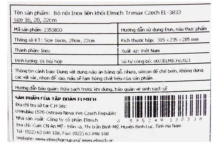 Bộ 3 nồi inox 3 đáy nắp kính Elmich Trimax Czech EL-3833 Màu Bạc Inox