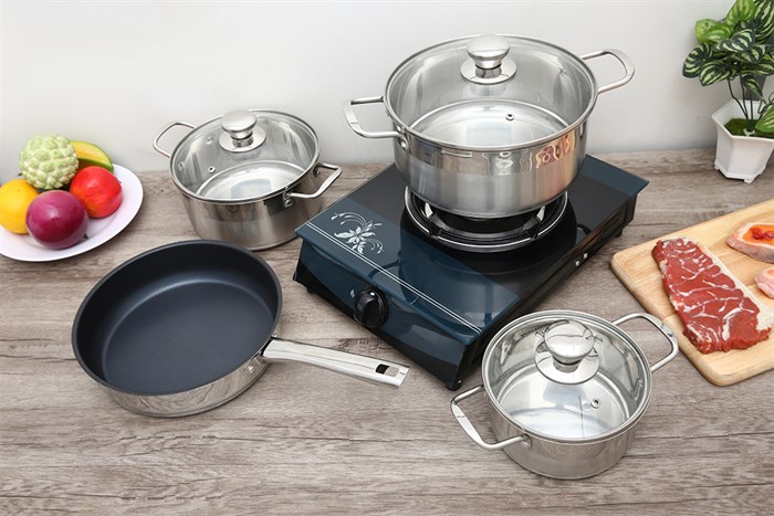 Bộ nồi chảo inox 3 đáy nắp kính Smartcook SM2101MN Màu Bạc Inox