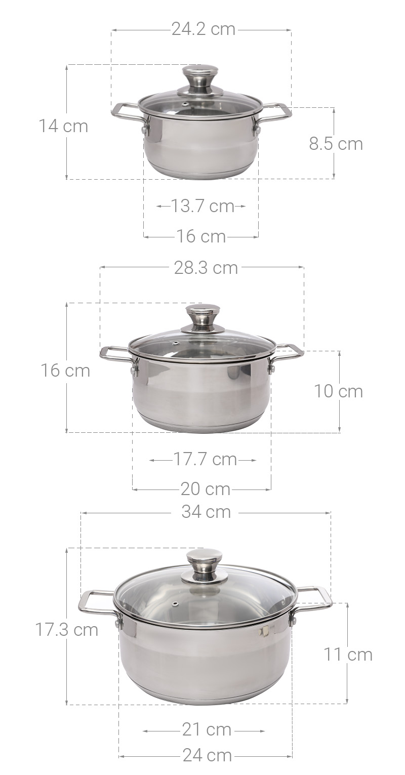 Bộ 3 nồi inox 3 đáy nắp kính Delites BNE009