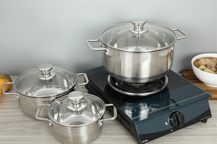 Bộ 3 nồi inox 3 đáy nắp kính Delites BNE009 Màu Bạc Inox