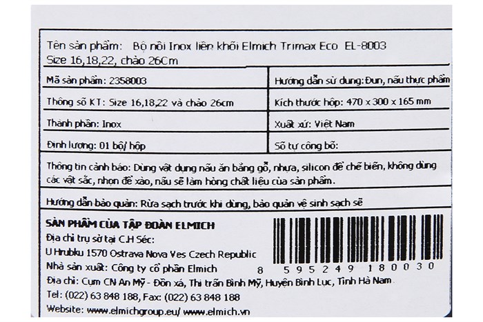 Bộ nồi chảo inox 3 đáy nắp kính Elmich Trimax ECO EL-8003 Màu Bạc Inox