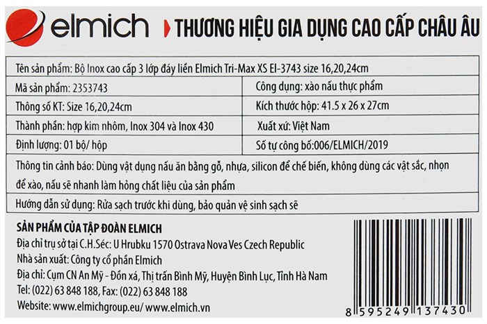 Bộ nồi quánh inox 3 đáy nắp kính Elmich Trimax XS EL-3743 Màu Bạc Inox