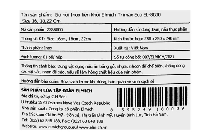 Bộ 3 nồi inox 3 đáy nắp kính Elmich Trimax Eco EL-8000 Màu Bạc Inox