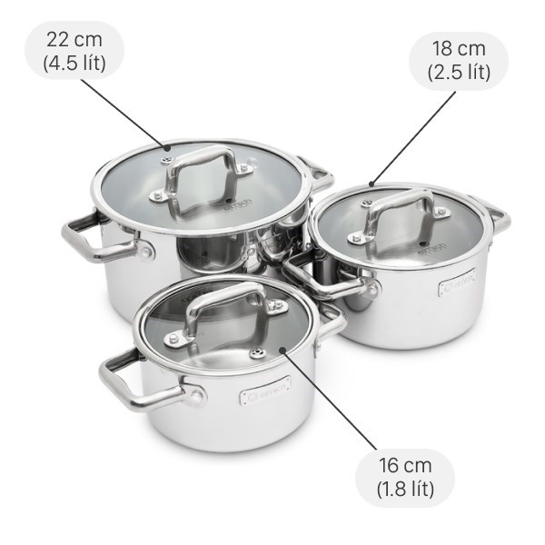 Bộ 3 nồi inox 3 đáy nắp kính Elmich Trimax Eco EL-8000