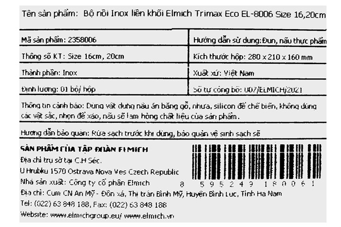 Bộ 2 nồi inox 3 đáy nắp kính Elmich Trimax Eco EL-8006 Màu Bạc Inox