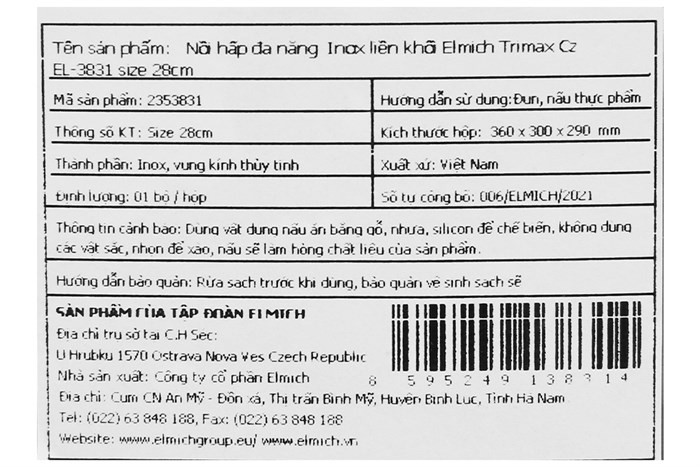 Bộ nồi xửng inox nắp kính 28 cm Elmich Trimax Cz EL-3831 Màu Bạc Inox