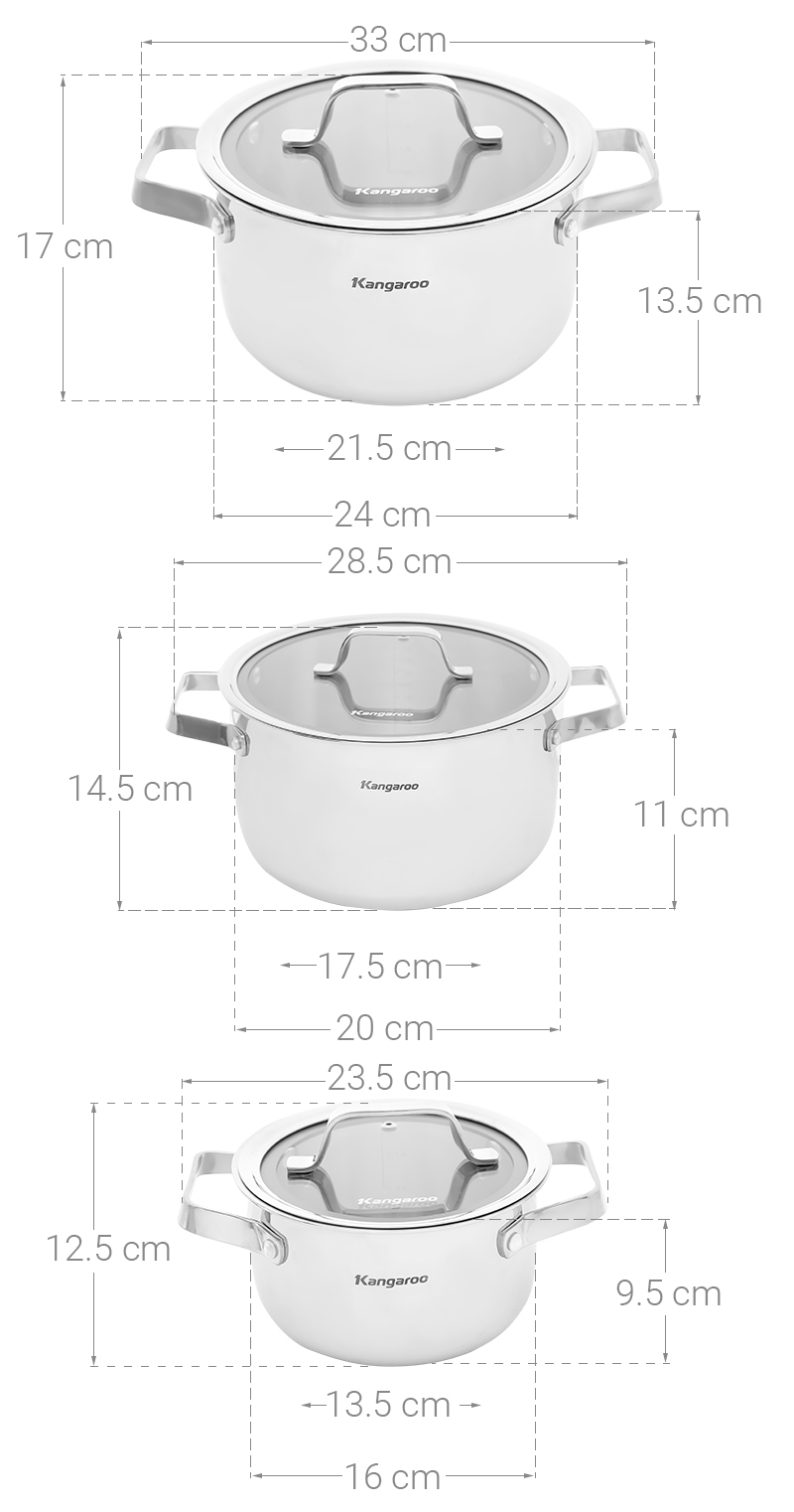 Bộ 3 nồi inox 3 đáy nắp kính Kangaroo KG304IP1