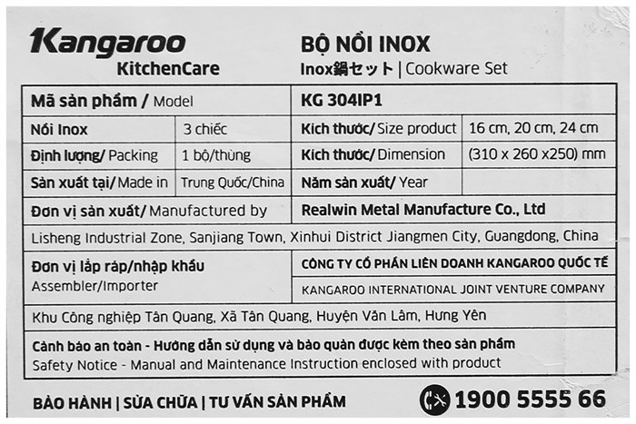 Bộ 3 nồi inox 3 đáy nắp kính Kangaroo KG304IP1 Màu Bạc Inox