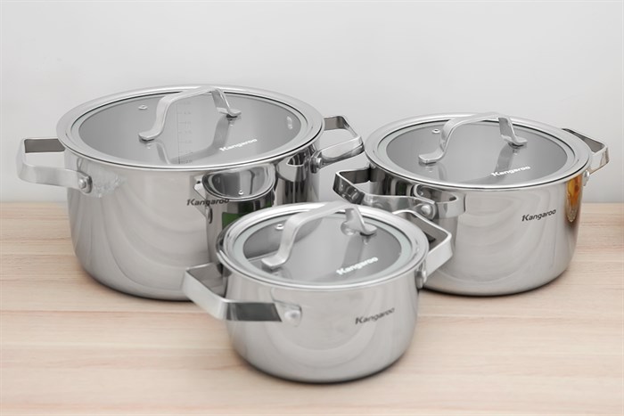 Bộ 3 nồi inox 3 đáy nắp kính Kangaroo KG304IP1 Màu Bạc Inox