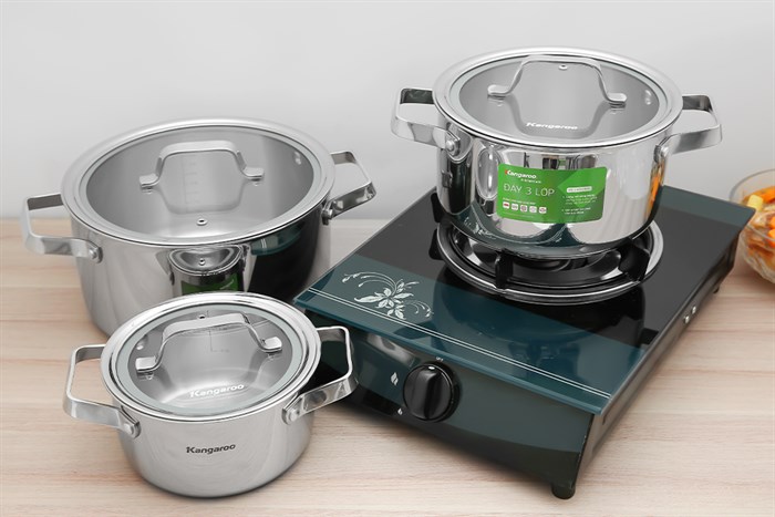 Bộ 3 nồi inox 3 đáy nắp kính Kangaroo KG304IP1 Màu Bạc Inox
